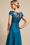 Peacock Blue A Line Cap Sleeves Long Mother of the Bride Dress with Lace