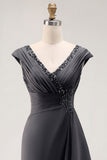Steel Grey Chiffon Sheath Long Mother of the Bride Dress with Ruffles