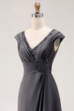 Steel Grey Chiffon Sheath Long Mother of the Bride Dress with Ruffles