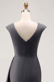 Steel Grey Chiffon Sheath Long Mother of the Bride Dress with Ruffles