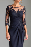 Sparkly Navy Sheath Satin Long Mother of the Bride Dress with Appliques