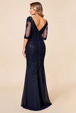 Sparkly Navy Chiffon Mermaid 3/4 Sleeves Long Mother of the Bride Dress with Lace