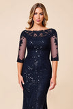 Sparkly Navy Chiffon Mermaid 3/4 Sleeves Long Mother of the Bride Dress with Lace