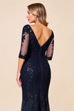 Sparkly Navy Chiffon Mermaid 3/4 Sleeves Long Mother of the Bride Dress with Lace