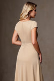 Champagne Satin Ruffled A Line Long Mother of the Bride Dress with Slit