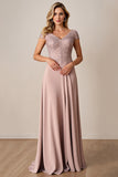 Dusty Rose A Line Satin Cap Sleeves Long Mother of the Bride Dress with Lace