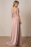 Dusty Rose A Line Satin Cap Sleeves Long Mother of the Bride Dress with Lace