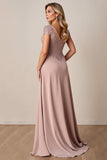 Dusty Rose A Line Satin Cap Sleeves Long Mother of the Bride Dress with Lace