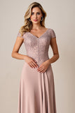 Dusty Rose A Line Satin Cap Sleeves Long Mother of the Bride Dress with Lace