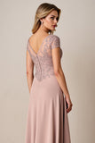 Dusty Rose A Line Satin Cap Sleeves Long Mother of the Bride Dress with Lace