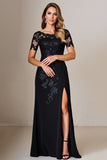 Black Sheath Satin Short Sleeves Long Mother of the Bride Dress with Slit