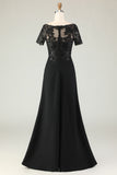Black Sheath Satin Short Sleeves Long Mother of the Bride Dress with Slit