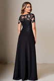 Black Sheath Satin Short Sleeves Long Mother of the Bride Dress with Slit