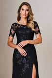Black Sheath Satin Short Sleeves Long Mother of the Bride Dress with Slit
