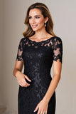 Black Sheath Satin Short Sleeves Long Mother of the Bride Dress with Slit