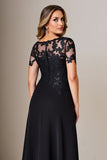 Black Sheath Satin Short Sleeves Long Mother of the Bride Dress with Slit