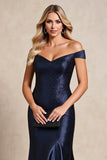 Navy Satin Mermaid Off The Shoulder Long Mother of the Bride Dress