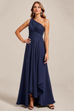 Navy Chiffon A Line One Shoulder Long Mother of the Bride Dress with Lace