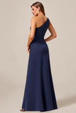 Navy Chiffon A Line One Shoulder Long Mother of the Bride Dress with Lace
