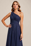Navy Chiffon A Line One Shoulder Long Mother of the Bride Dress with Lace