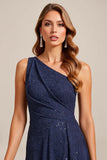 Navy Chiffon A Line One Shoulder Long Mother of the Bride Dress with Lace