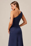 Navy Chiffon A Line One Shoulder Long Mother of the Bride Dress with Lace