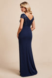Navy Satin Mermaid Cap Sleeves Long Mother Of The Bride Dress With Slit