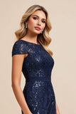 Navy Satin Mermaid Cap Sleeves Long Mother Of The Bride Dress With Slit