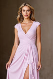 Candy Pink A Line Ruffled Cap Sleeves Long Mother of the Bride Dress with Slit
