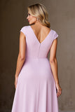 Candy Pink A Line Ruffled Cap Sleeves Long Mother of the Bride Dress with Slit