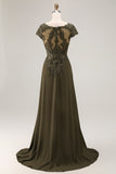 Olive Satin V Neck A Line Cap Sleeves High-Low Mother of the Bride Dress