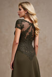Olive Satin V Neck A Line Cap Sleeves High-Low Mother of the Bride Dress