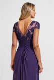 Sparkly Purple Chiffon Cap Sleeves Long Mother of the Bride Dress with Lace