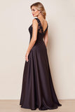 Black Satin Ruffled A Line Long Mother of the Bride Dress with Lace