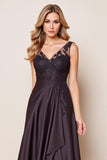 Black Satin Ruffled A Line Long Mother of the Bride Dress with Lace
