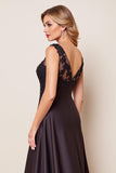 Black Satin Ruffled A Line Long Mother of the Bride Dress with Lace