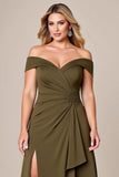 Olive Off The Shoulder Plus Size Long Mother Of The Bride Dress With Slit
