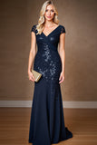 Sparkly Navy Sheath Cap Sleeves Long Mother Of The Bride Dress With Sequins