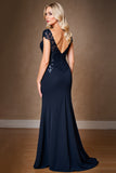 Sparkly Navy Sheath Cap Sleeves Long Mother Of The Bride Dress With Sequins