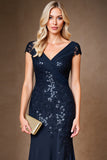 Sparkly Navy Sheath Cap Sleeves Long Mother Of The Bride Dress With Sequins