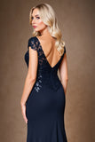 Sparkly Navy Sheath Cap Sleeves Long Mother Of The Bride Dress With Sequins