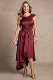 Burgundy Satin A Line Ruched Asymmetrical Mother Of The Bride Dress