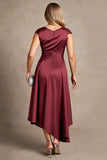 Burgundy Satin A Line Ruched Asymmetrical Mother Of The Bride Dress