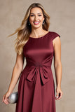 Burgundy Satin A Line Ruched Asymmetrical Mother Of The Bride Dress