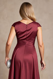Burgundy Satin A Line Ruched Asymmetrical Mother Of The Bride Dress
