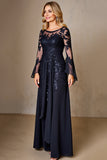 Navy Chiffon A Line Long Sleeves Mother of the Bride Dress with Lace Appliques