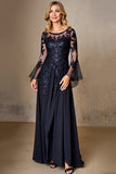 Navy Chiffon A Line Long Sleeves Mother of the Bride Dress with Lace Appliques