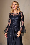 Navy Chiffon A Line Long Sleeves Mother of the Bride Dress with Lace Appliques