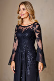 Navy Chiffon A Line Long Sleeves Mother of the Bride Dress with Lace Appliques