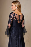 Navy Chiffon A Line Long Sleeves Mother of the Bride Dress with Lace Appliques